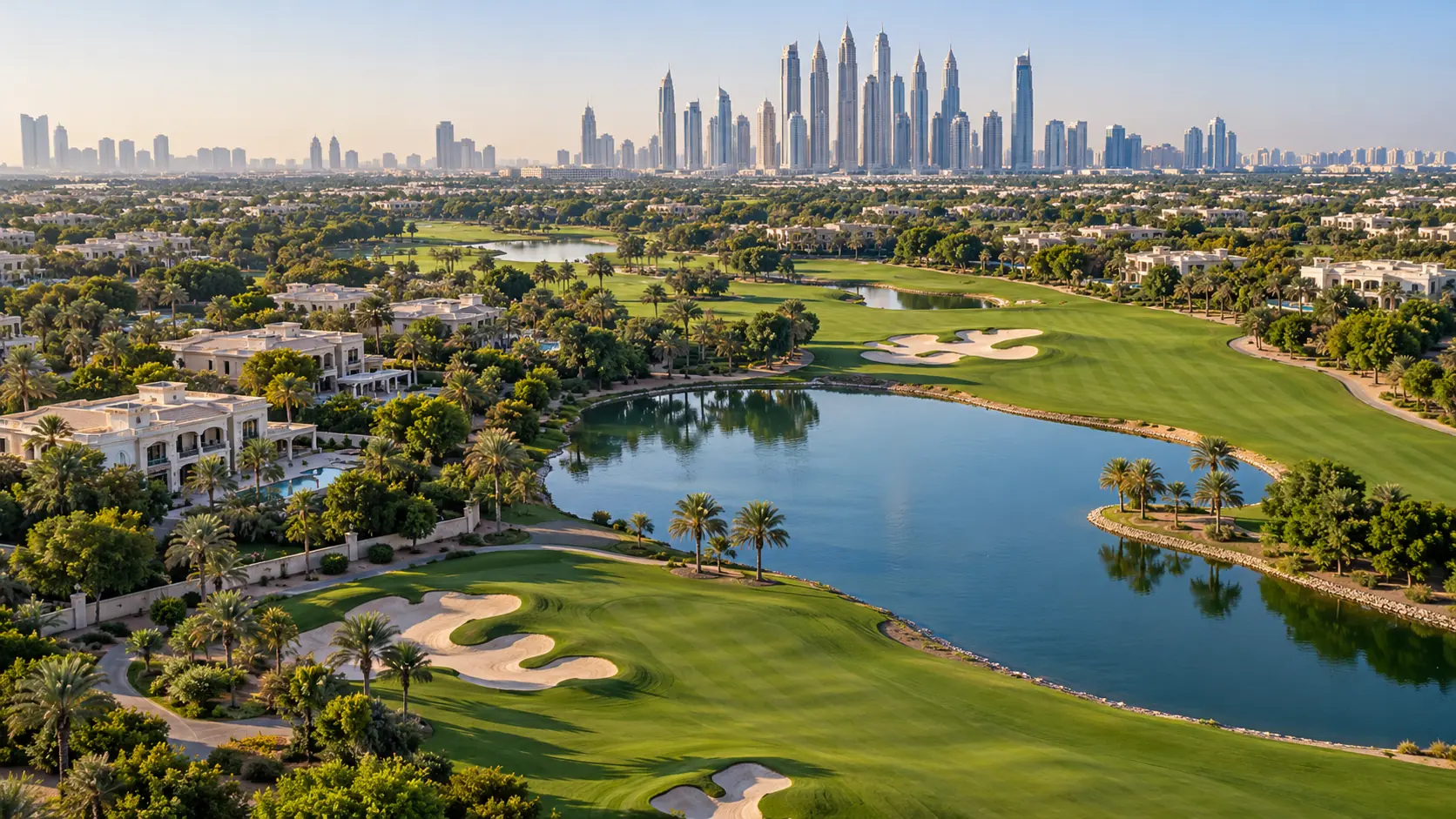 Illustrative architectural scene with landscaped greenery in Dubai